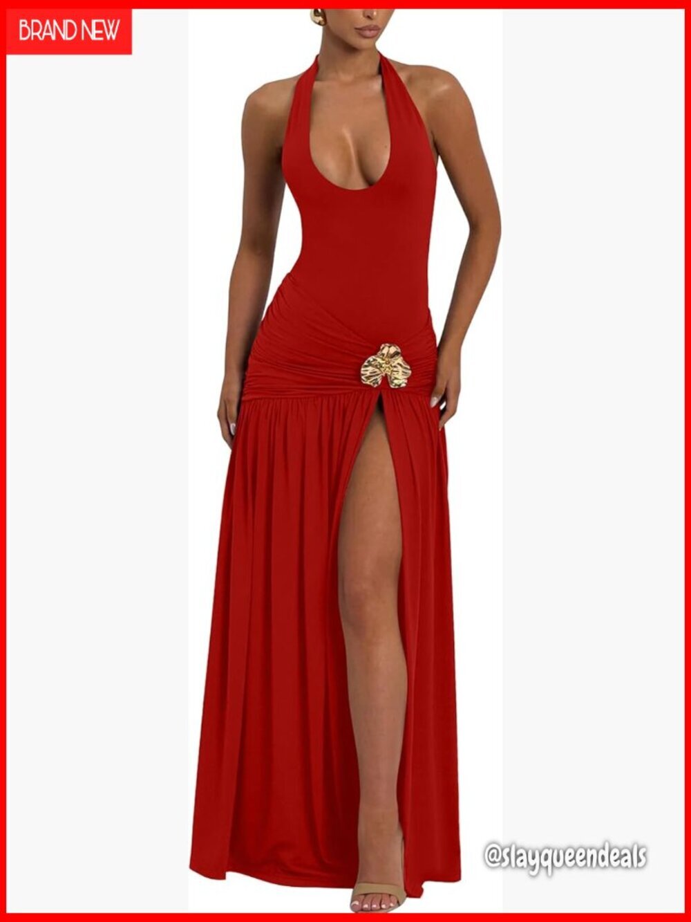 Sexy Halter V-Neck Ruched Cocktail Dress High Split Formal Party